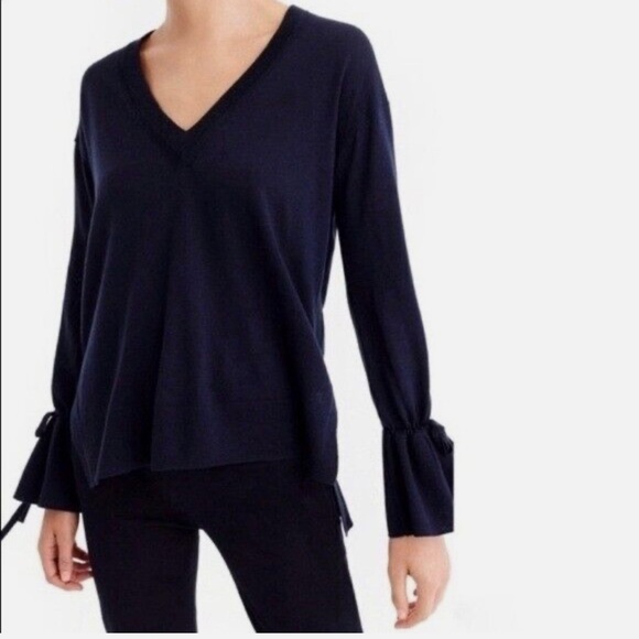 J.Crew 100% Merino Wool V-Neck Tie Bell Sleeve Pullover Sweater - Picture 1 of 8
